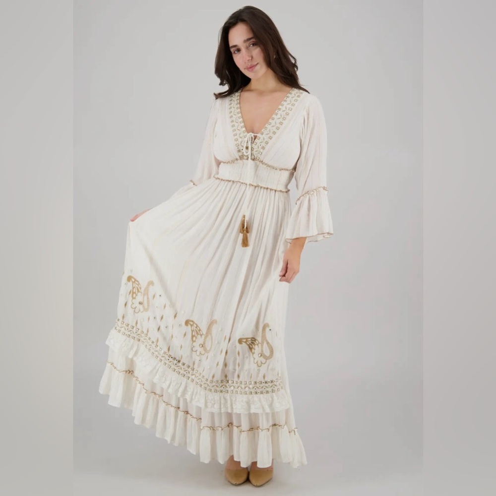 Cream Boho Ruffled Tiered Maxi Sundress with Bell Sleeves 25108 - Picture 1 of 4